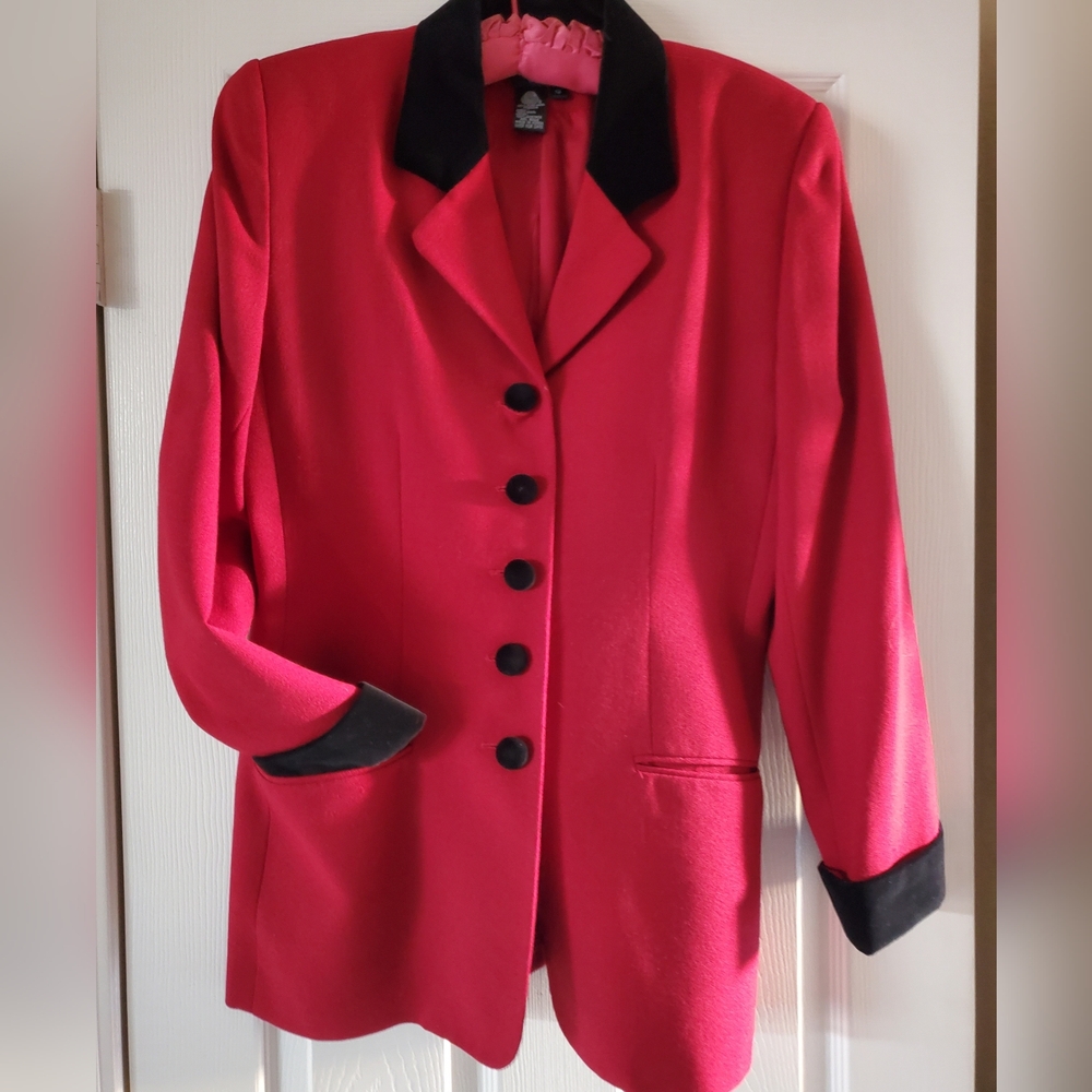 MT Morgan Taylor Studio 100% Wool Red Blazer Jacket Black Velvet Accents - Sz 12